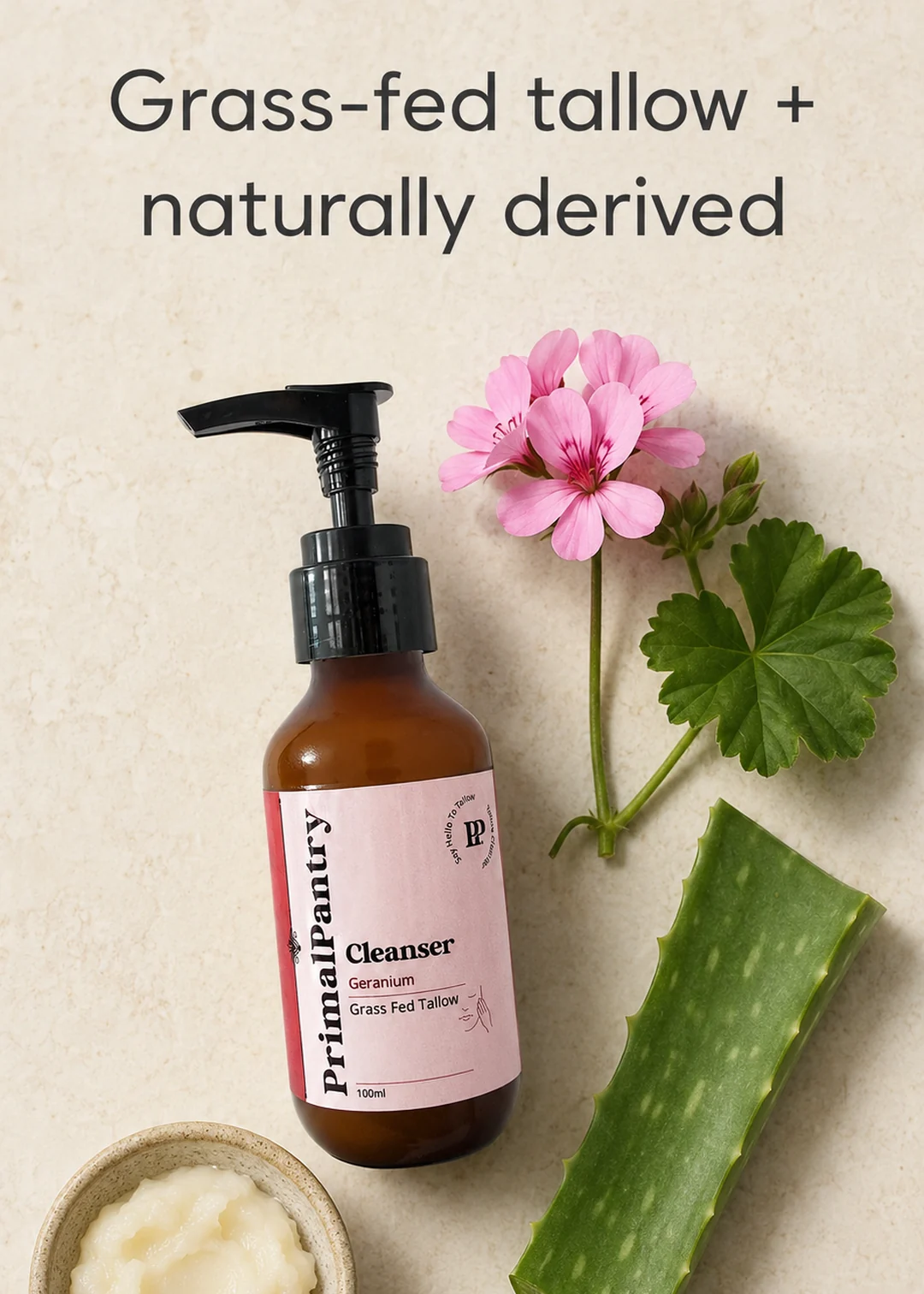 Grass-fed tallow and gentle coconut-derived cleansers, rose geranium
