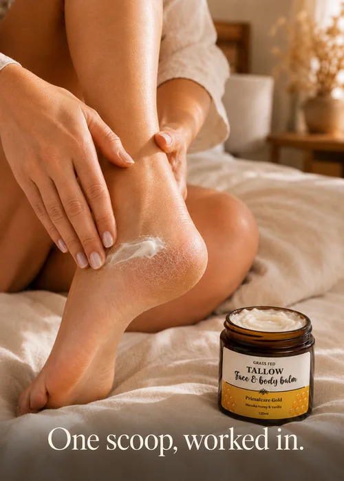 Massaging tallow balm into a cracked heel